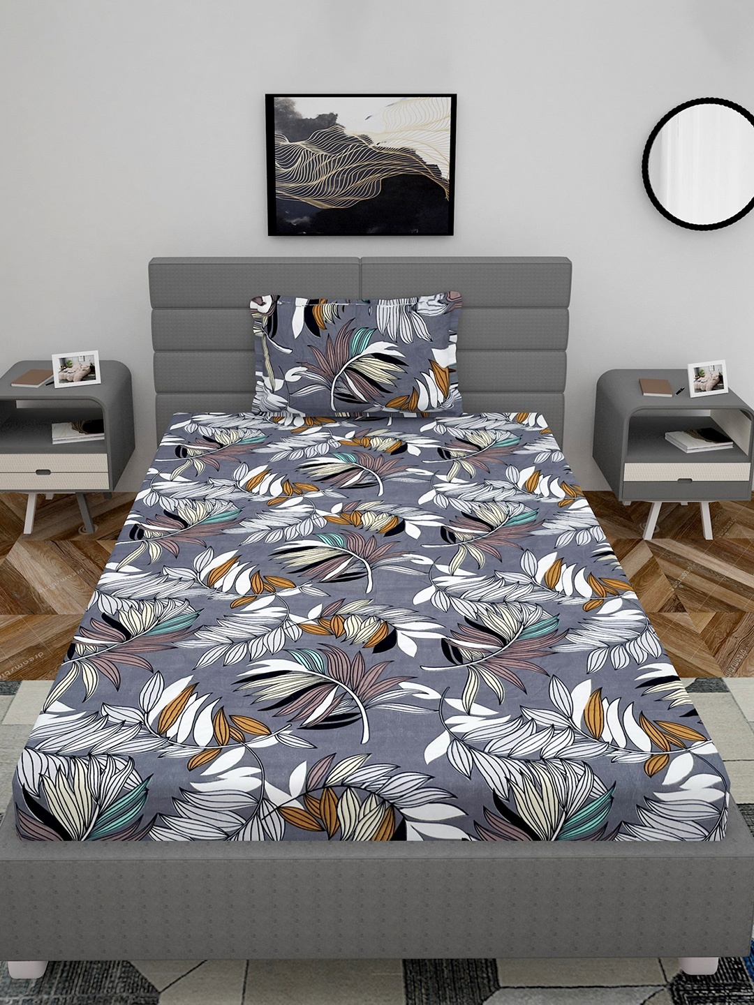 

Stylespace by Isha Grey & White Floral 250 TC Fitted Single Bedsheet with 1 Pillow Cover