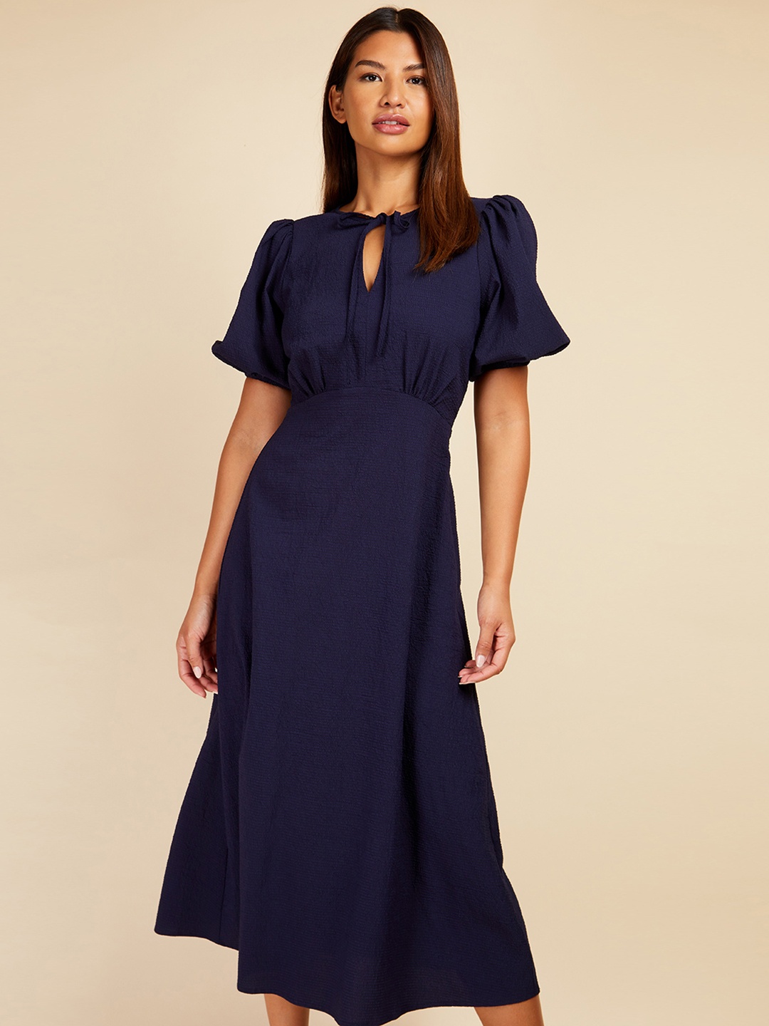 

Little Mistress Textured Tie-Up Neck A-Line Midi Dress, Navy blue