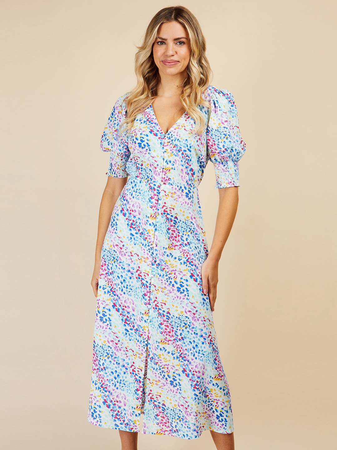 Little Mistress Animal Print Button Front A-Line Midi Dress, White