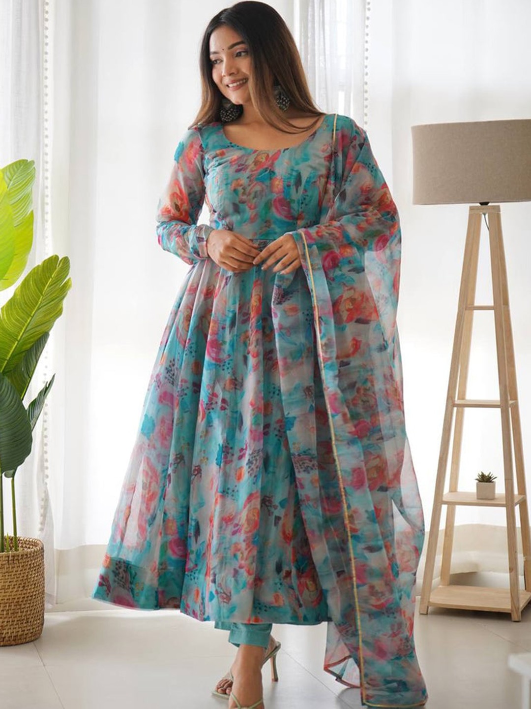 

ESTELA Floral Printed Anarkali Kurta With Trousers & Dupatta, Turquoise blue