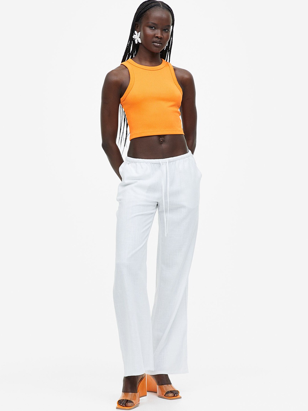 

H&M Women Low-Waisted Pull-On Trousers, White