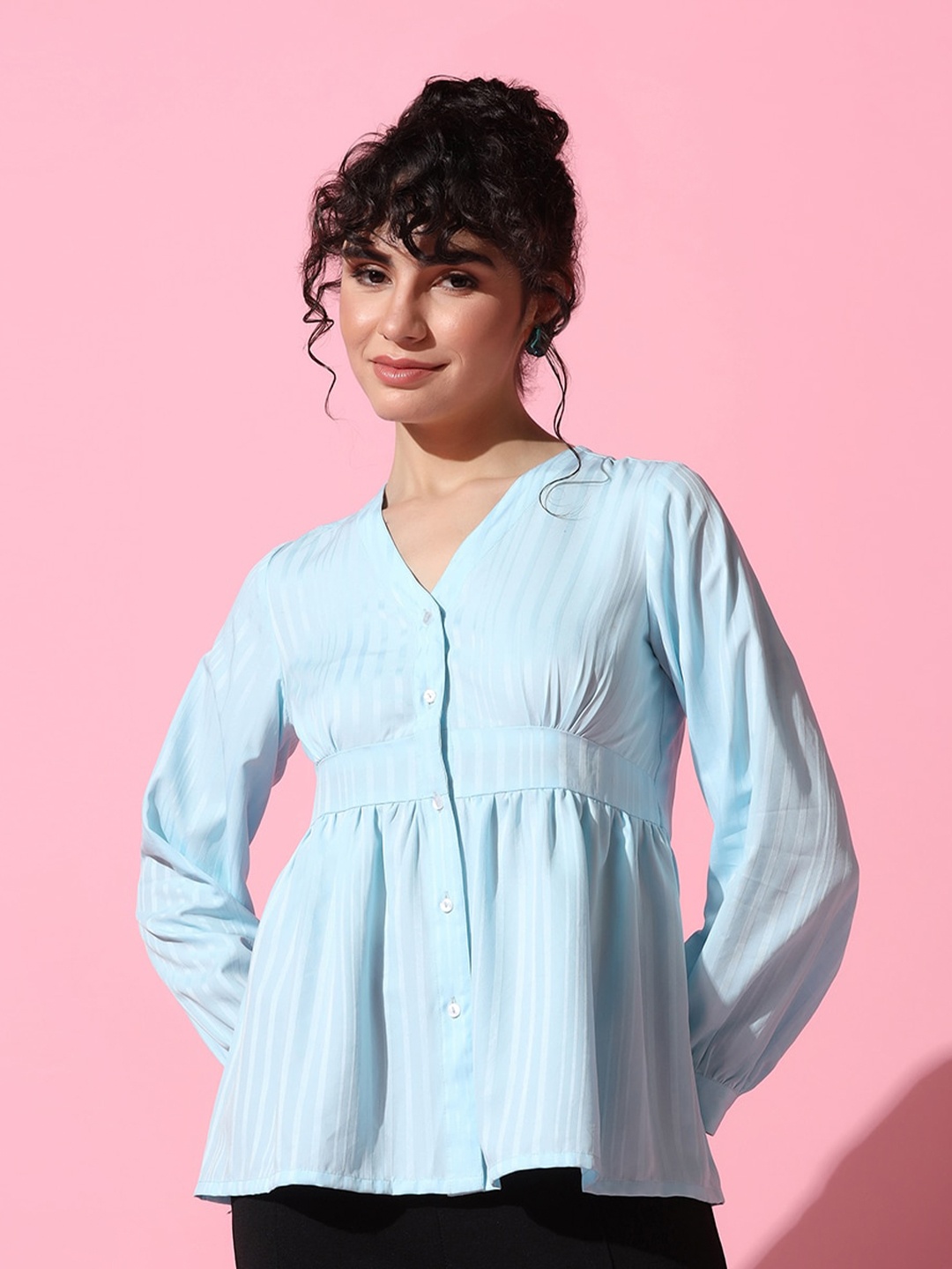 

FASHION DREAM Striped V-Neck Cuffed Sleeves Shirt Style Top, Blue