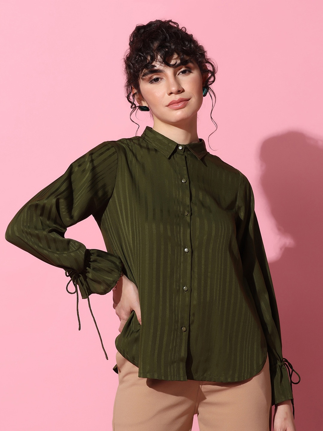 

FASHION DREAM Striped Spread Collar Shirt Style Top, Olive