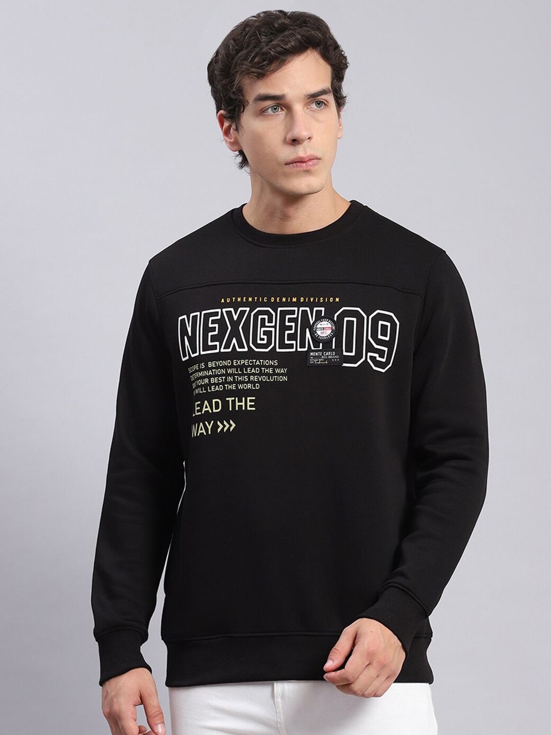 

Monte Carlo Typography Printed Round Neck Long Sleeve Cotton Pullover Sweatshirt, Black