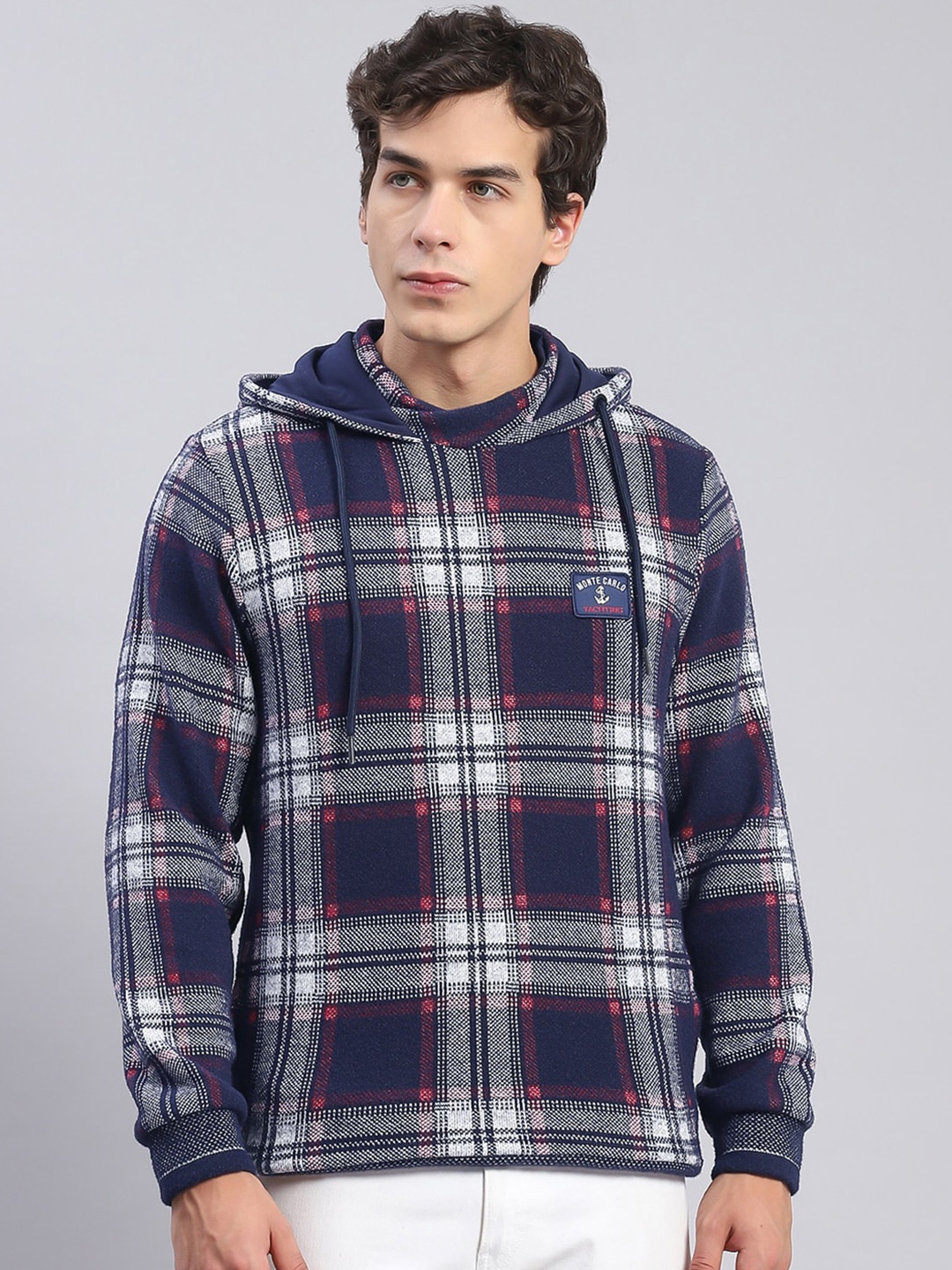 

Monte Carlo Checked Hooded Long Sleeve Cotton Pullover Sweatshirt, Blue