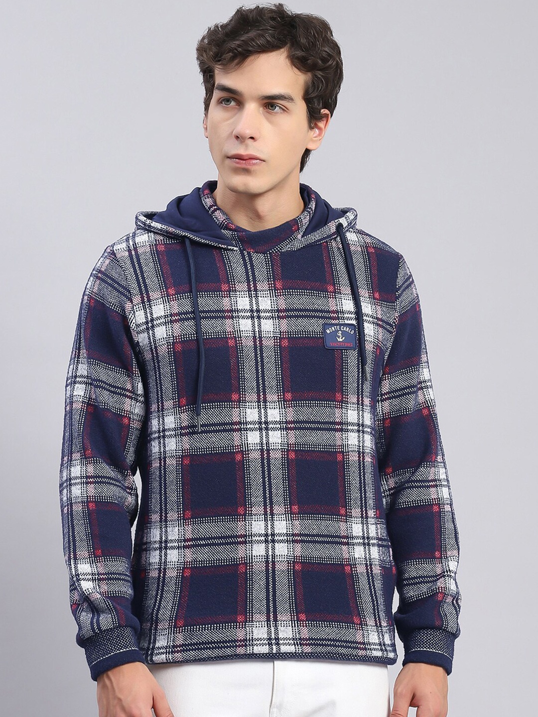 

Monte Carlo Checked Hooded Cotton Sweatshirt, Blue