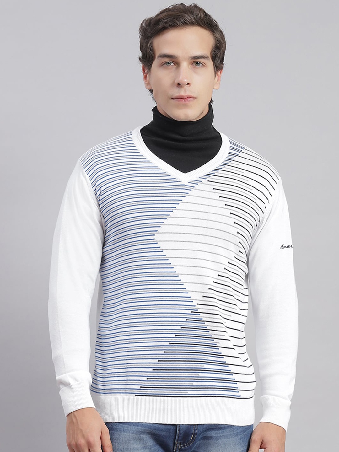 

Monte Carlo V-Neck Striped Cotton Pullover, White