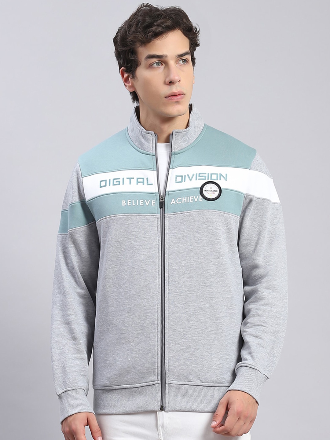 

Monte Carlo Typography Printed Mock Collar Zip Detail Cotton Front-Open Sweatshirt, Grey