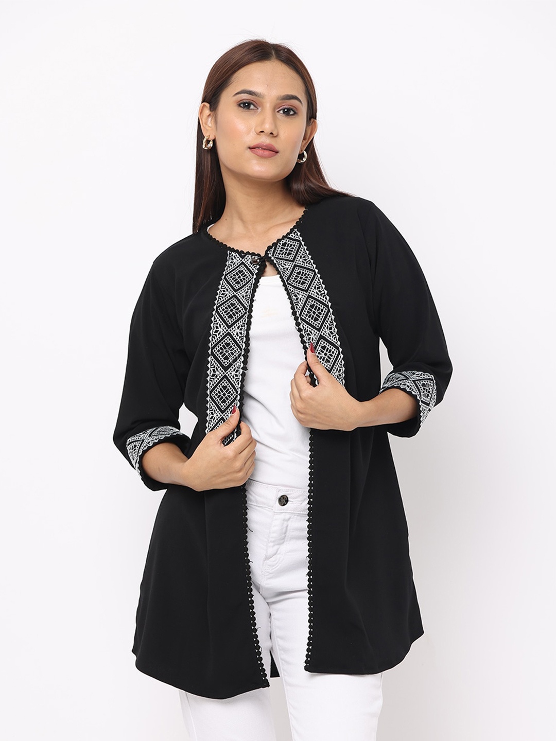 

GLORY & I Ethnic Motifs Embroidered Longline Button Shrug, Black