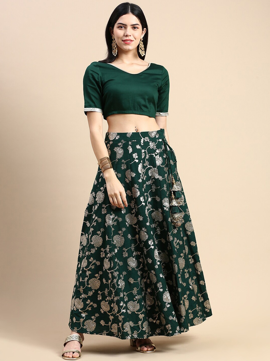 

De Moza Floral Woven Design A-Line Skirt, Green