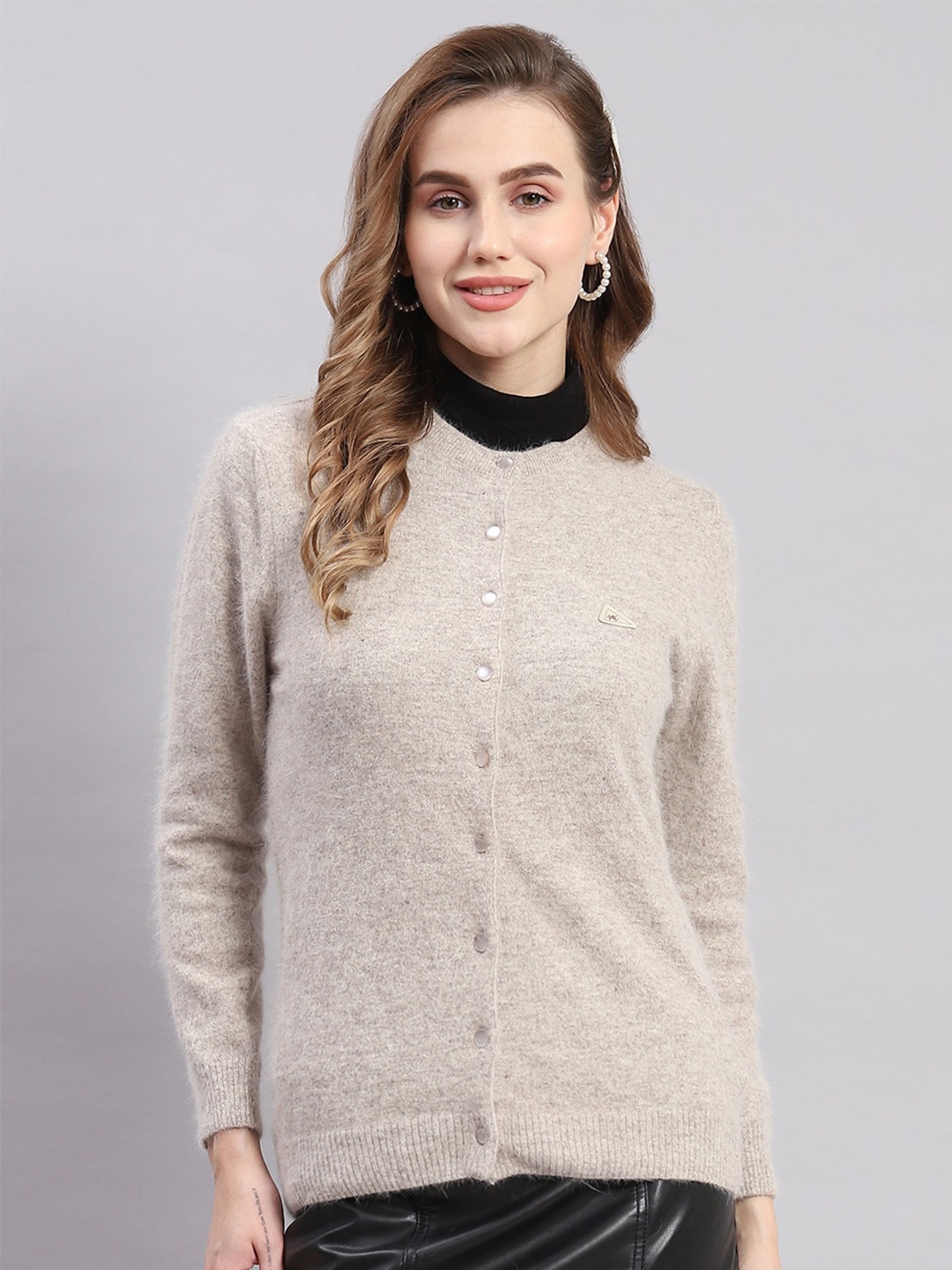 

Monte Carlo Round Neck Woollen Cardigan, Beige