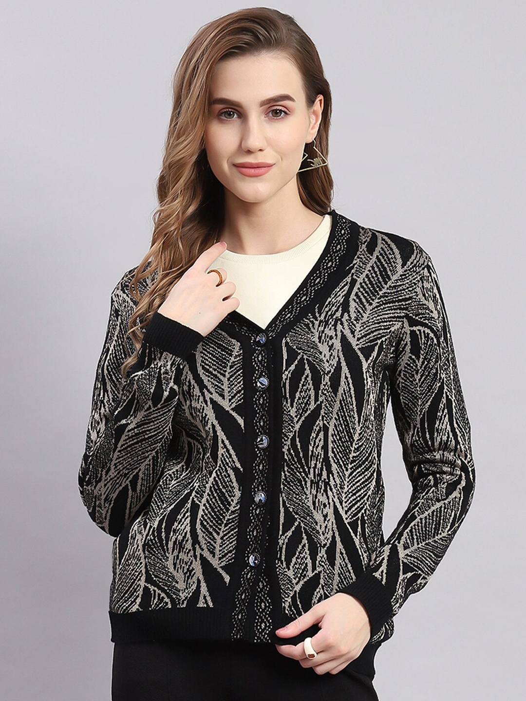 

Monte Carlo Floral Self Design V-Neck Ribbed Cardigan, Black