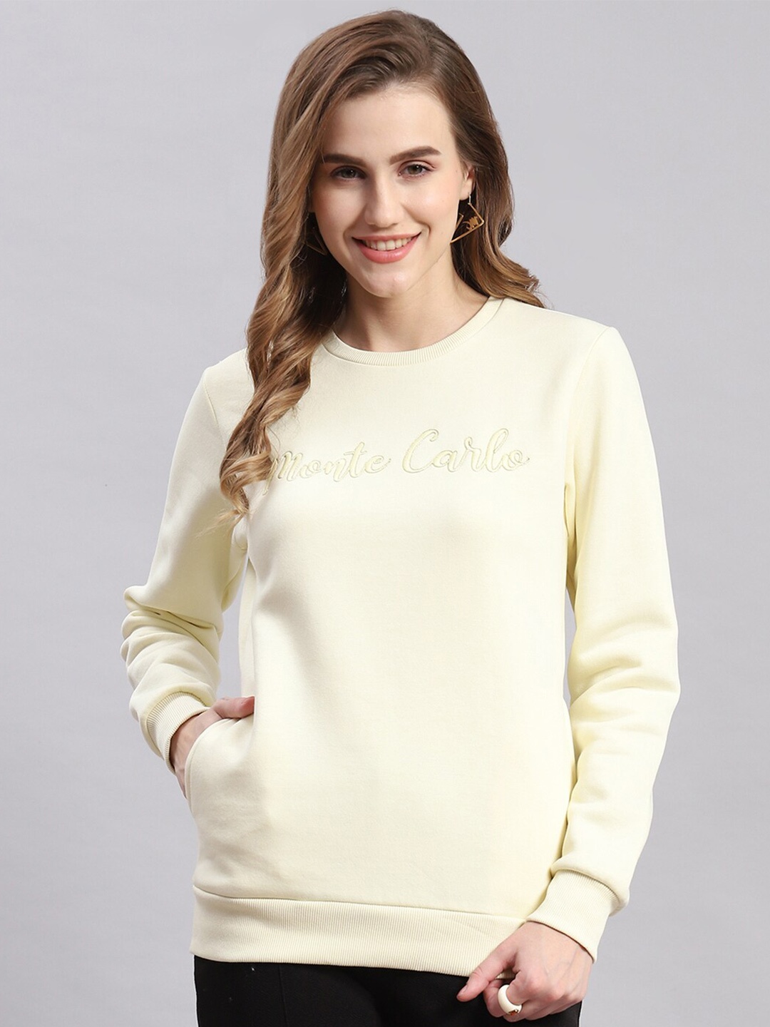 

Monte Carlo Typography Embroidered Round Neck Pullover Sweatshirt, Yellow