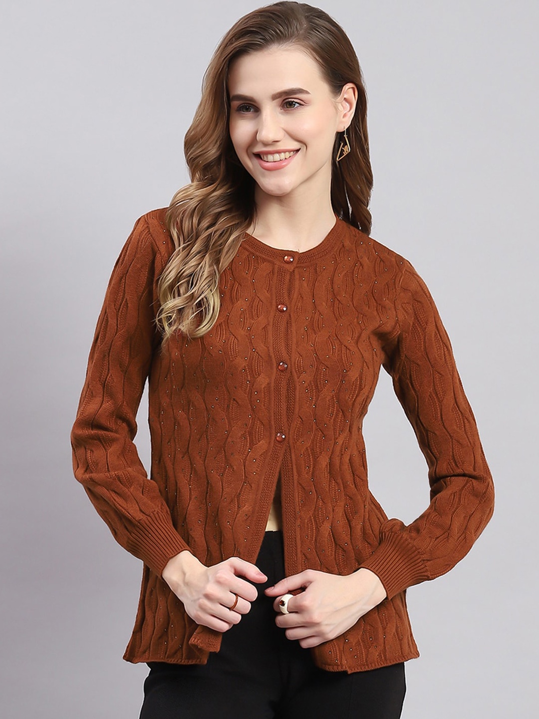 

Monte Carlo Cable Knit Woollen Cardigan With Embellished Detail, Brown