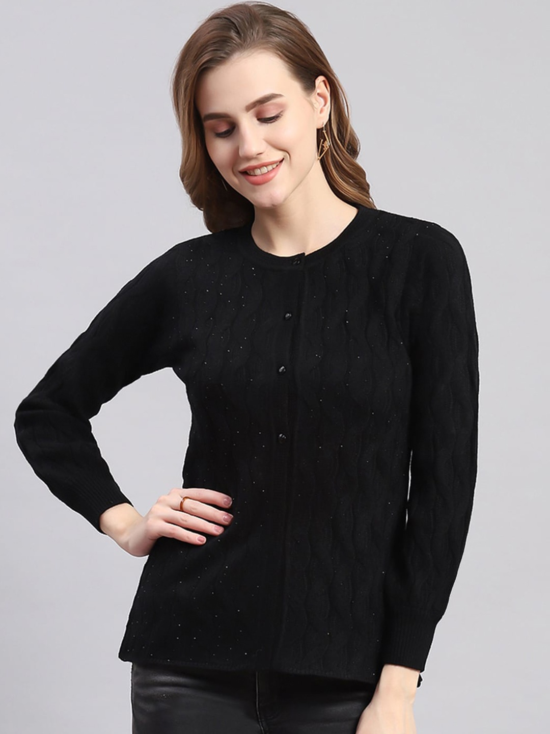 

Monte Carlo Cable Knit Self Design Woollen Cardigan, Black