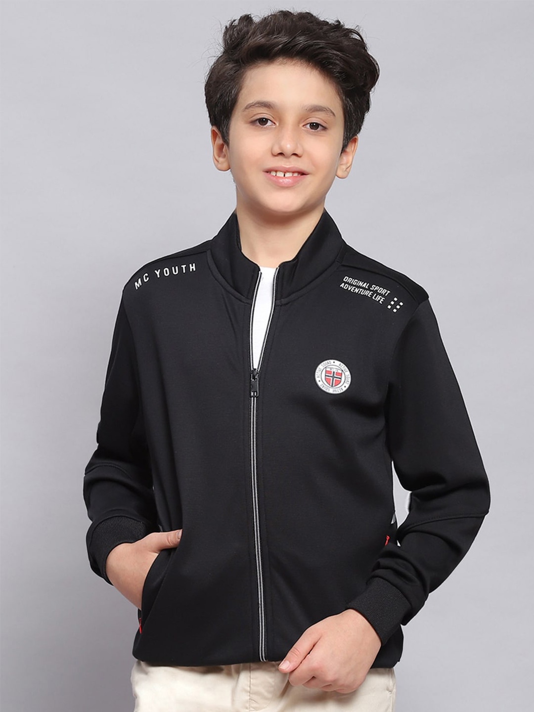 

Monte Carlo Boys Printed High Neck Long Sleeve Front-Open Sweatshirt, Black