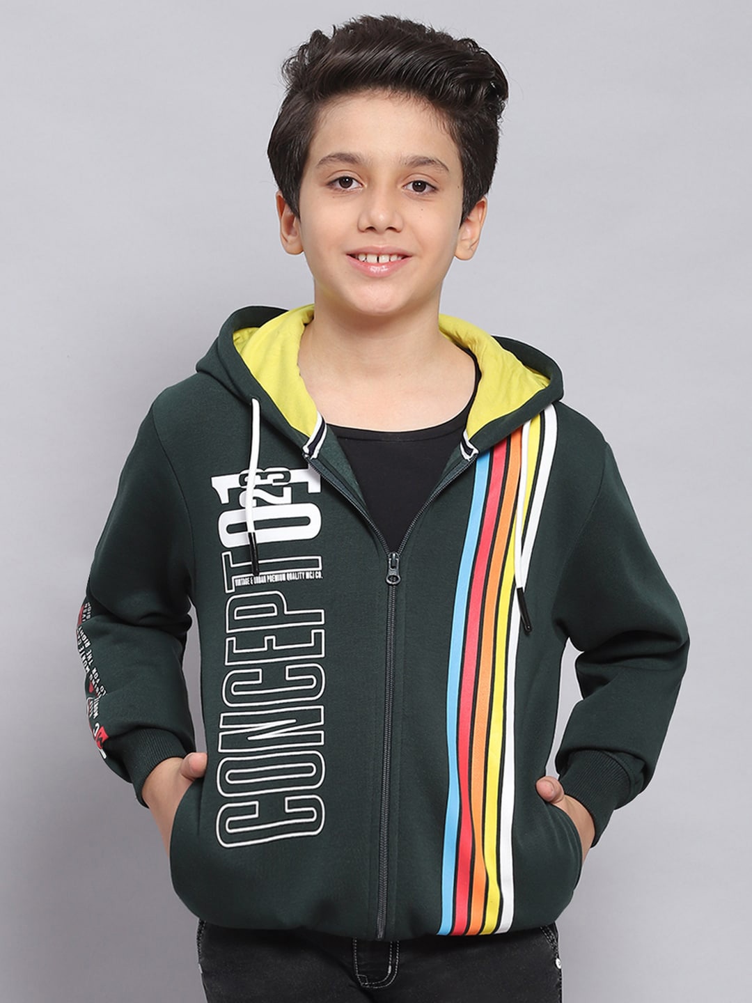 

Monte Carlo Boys Typography Printed Hooded Cotton Front Open Sweatshirt, Green