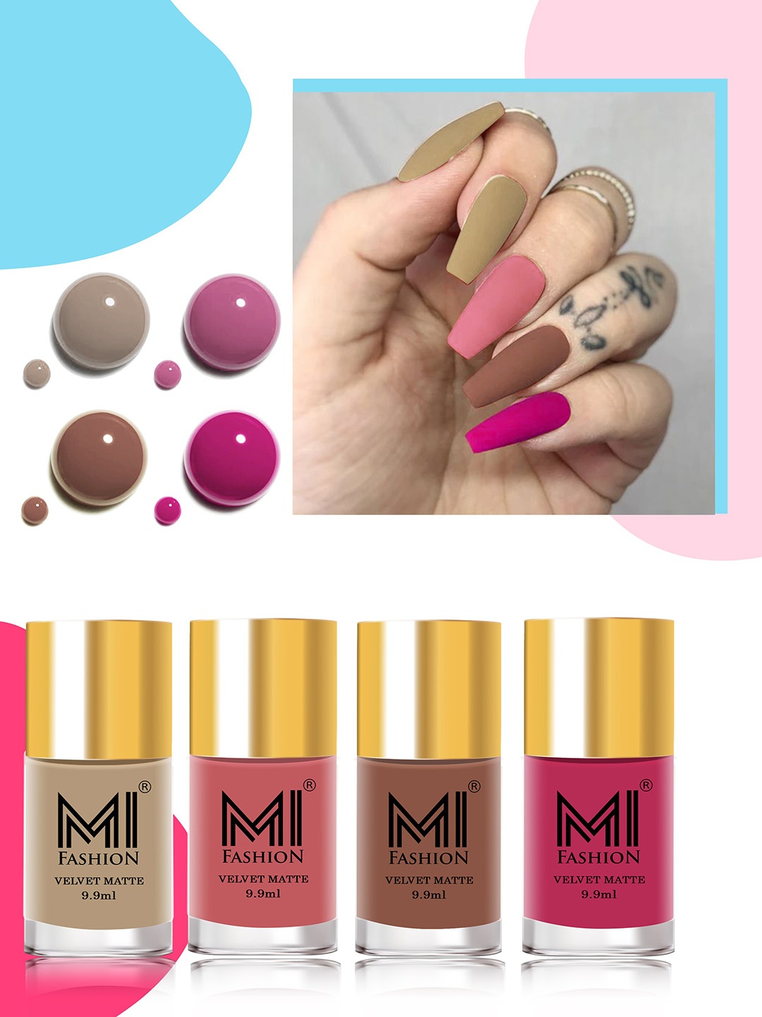 

MI FASHION Set of 4 Velvet Matte Water Resistant Smooth Finish Nail Polish - 9.9 ml each, Multi