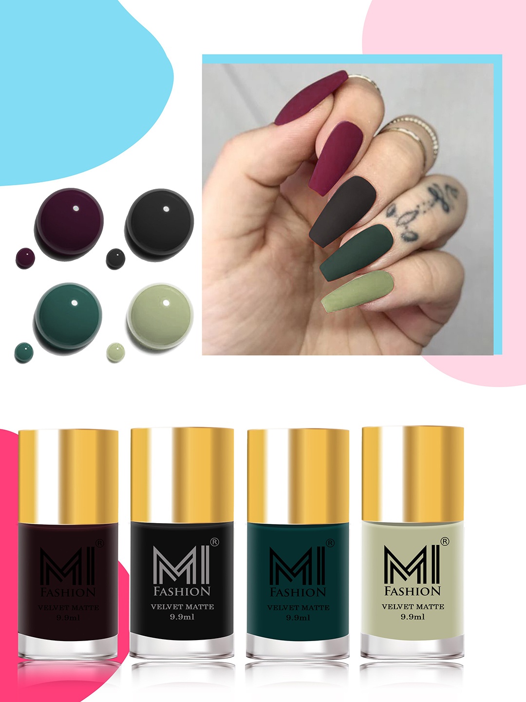 

MI FASHION Set of 4 Velvet Matte Water Resistant Smooth Finish Nail Polish - 9.9 ml each, Multi