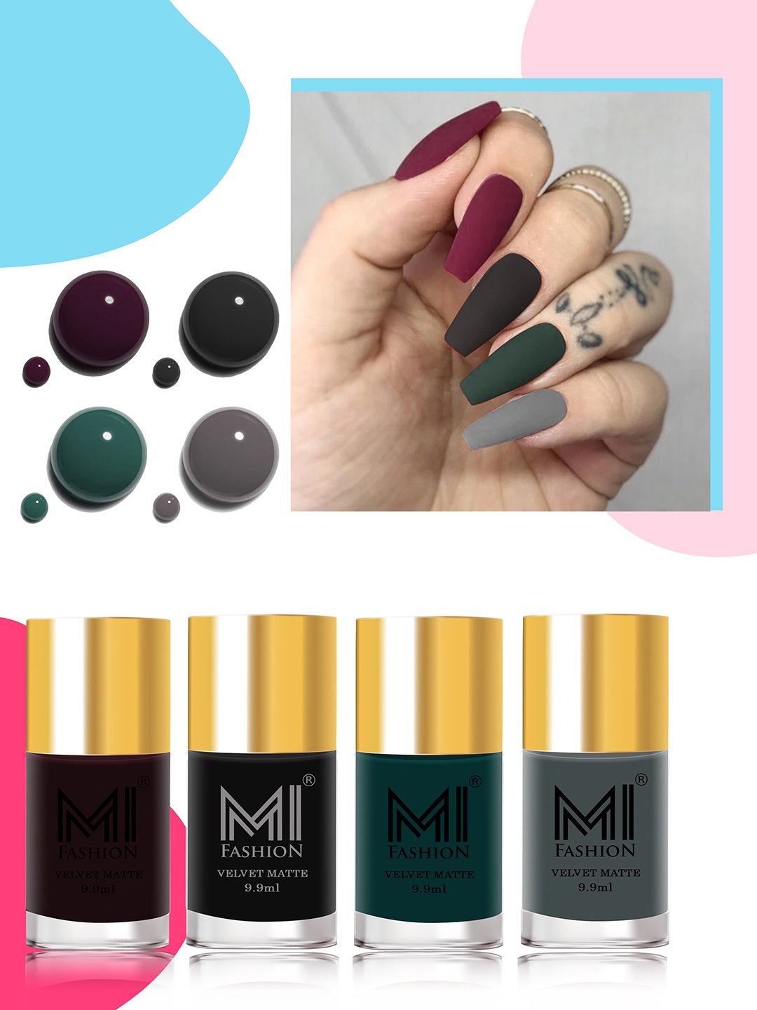 

MI FASHION Set of 4 Velvet Matte Water Resistant Smooth Finish Nail Polish - 9.9 ml each, Multi