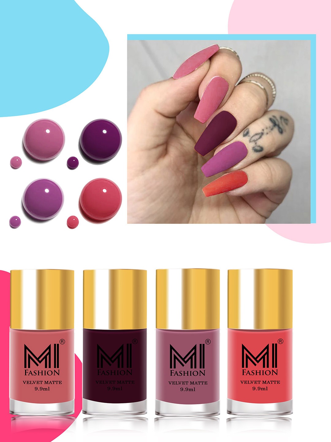 

MI FASHION Set of 4 Velvet Matte Water Resistant Smooth Finish Nail Polish - 9.9 ml each, Multi