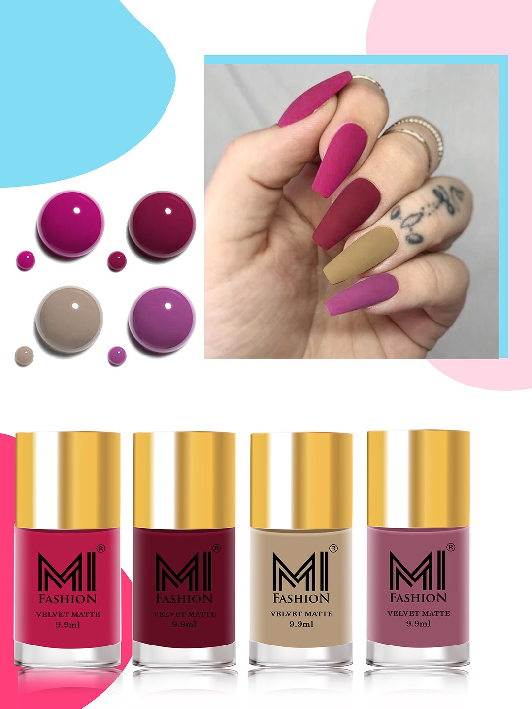 

MI FASHION Set of 4 Velvet Matte Water Resistant Smooth Finish Nail Polish - 9.9 ml each, Multi