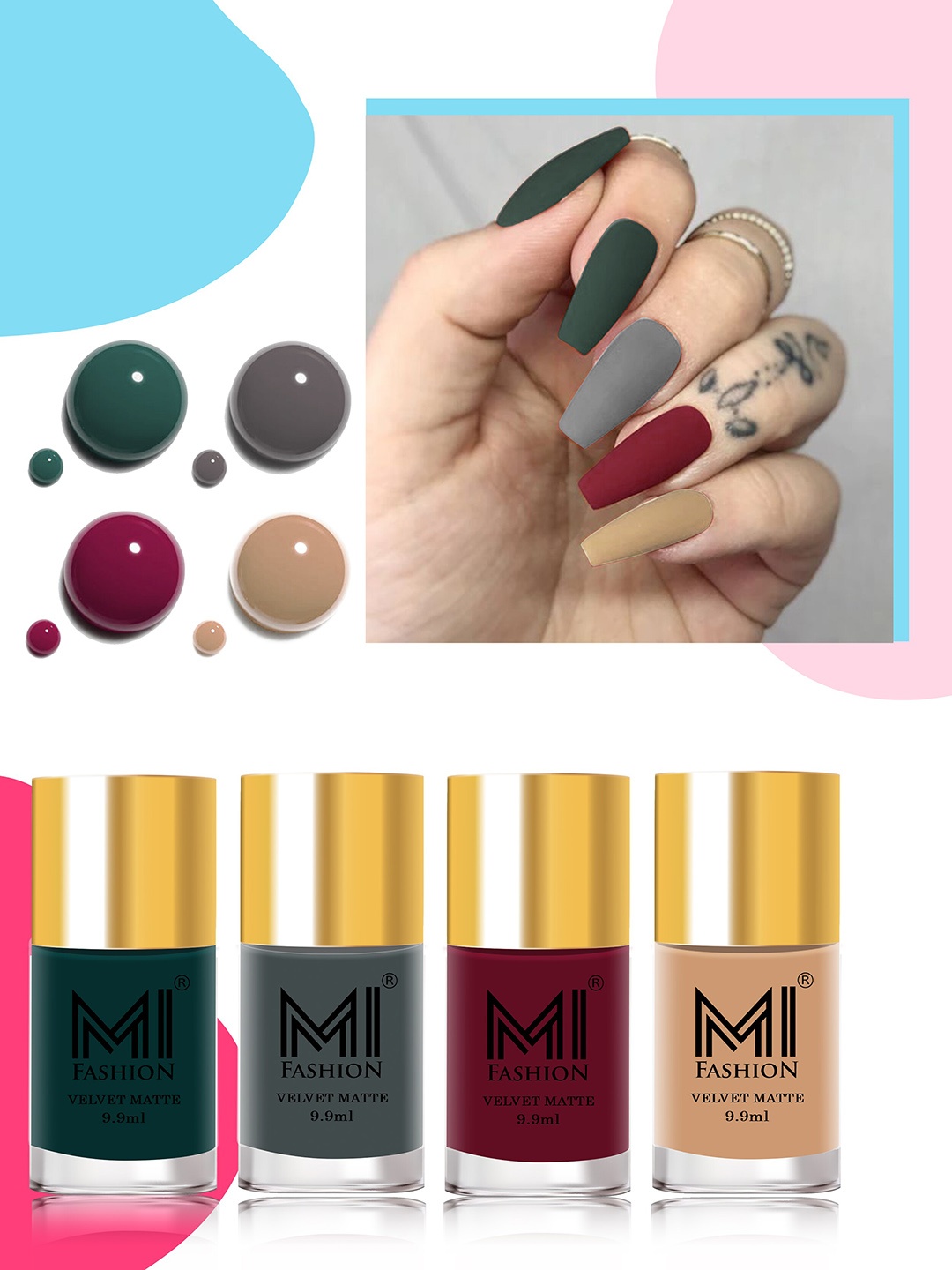 

MI FASHION Set of 4 Velvet Matte Water Resistant Smooth Finish Nail Polish - 9.9 ml each, Multi