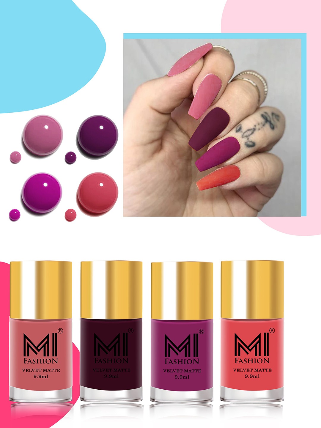 

MI FASHION Set of 4 Velvet Matte Water Resistant Smooth Finish Nail Polish - 9.9 ml each, Multi