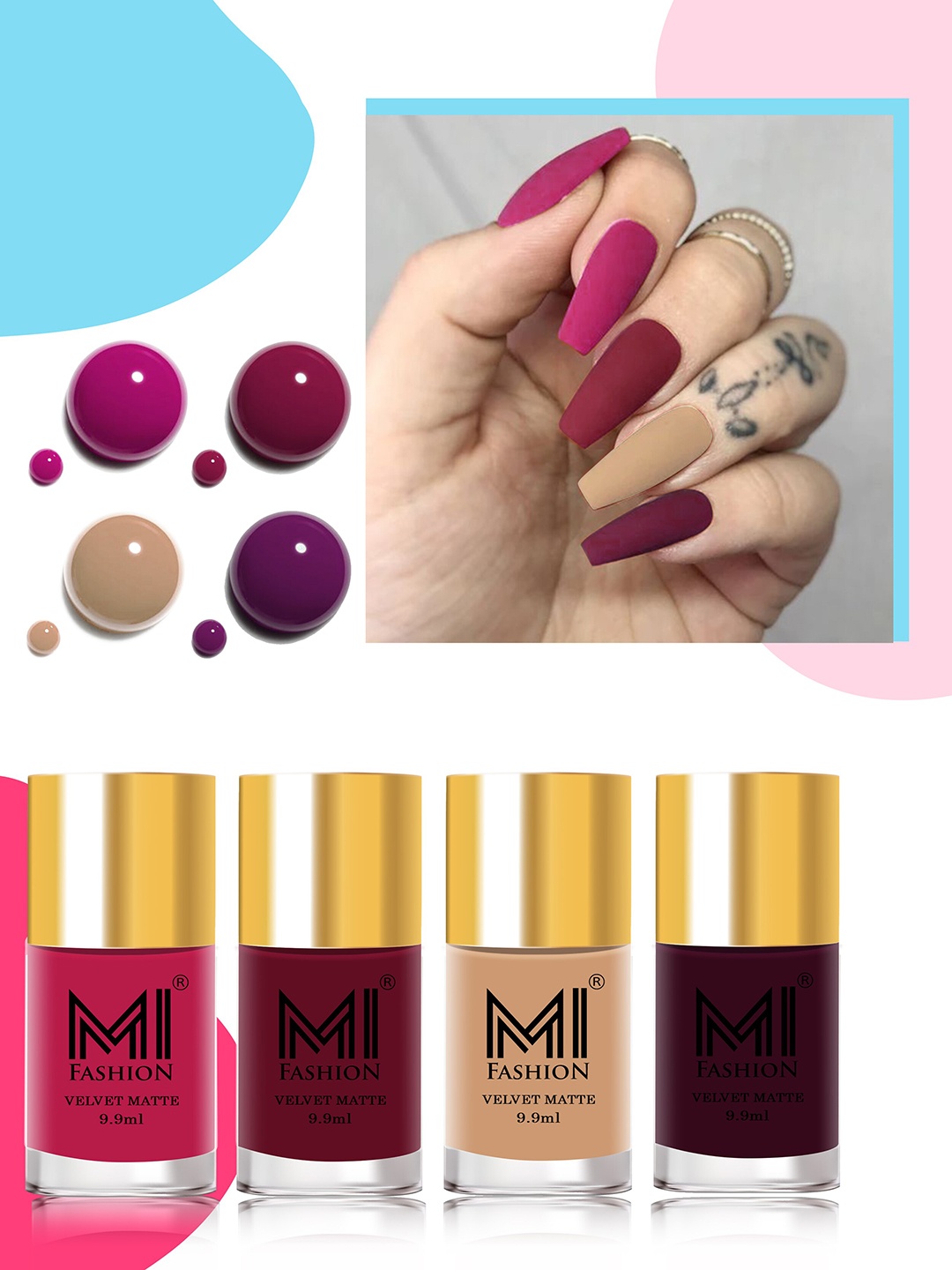 

MI FASHION Set of 4 Velvet Matte Water Resistant Smooth Finish Nail Polish - 9.9 ml each, Multi