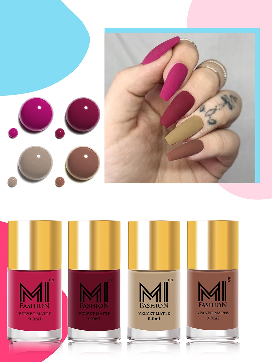 

MI FASHION Set of 4 Velvet Matte Water Resistant Smooth Finish Nail Polish - 9.9 ml each, Multi