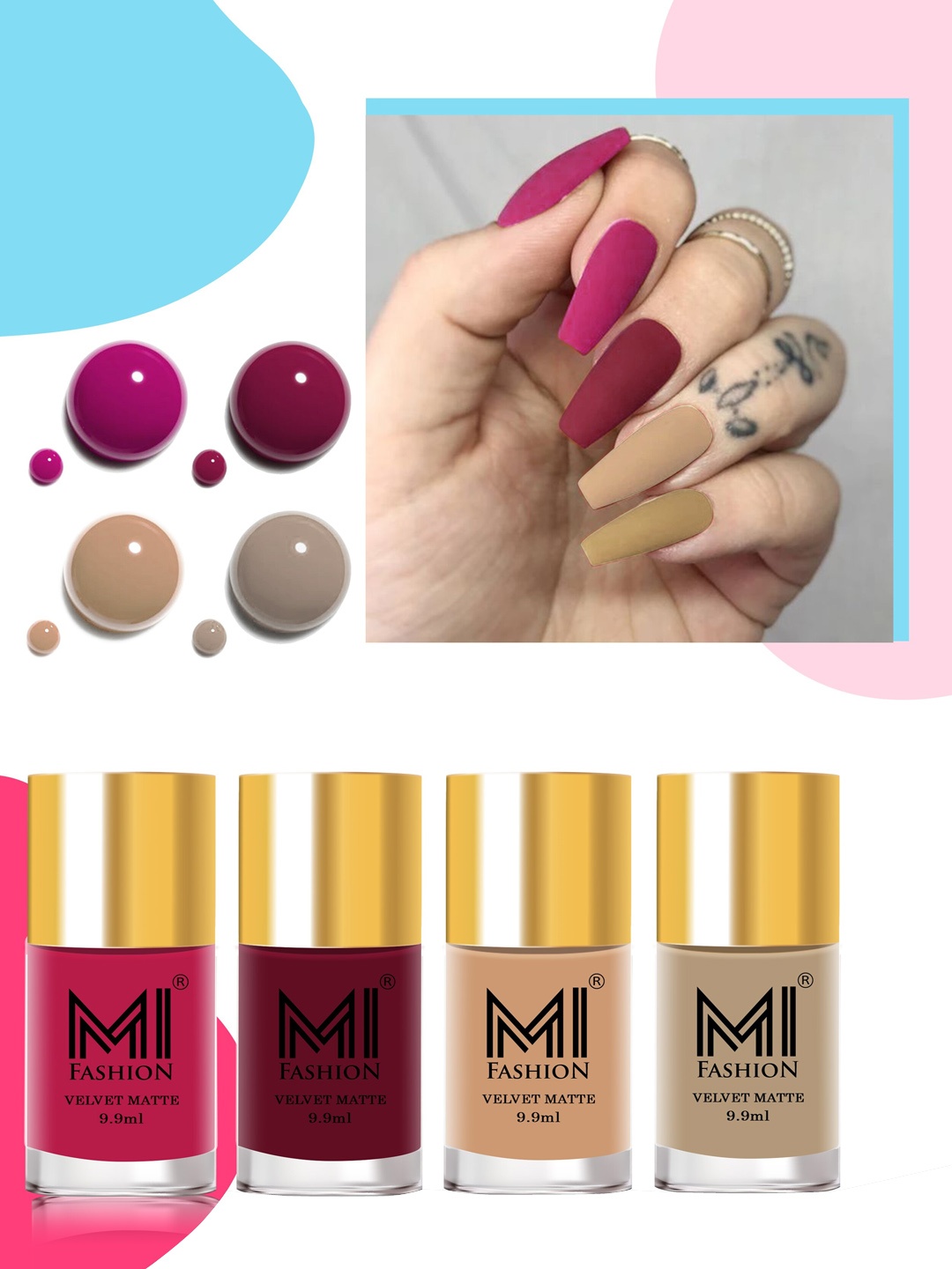 

MI FASHION Set of 4 Velvet Matte Water Resistant Smooth Finish Nail Polish - 9.9 ml each, Multi