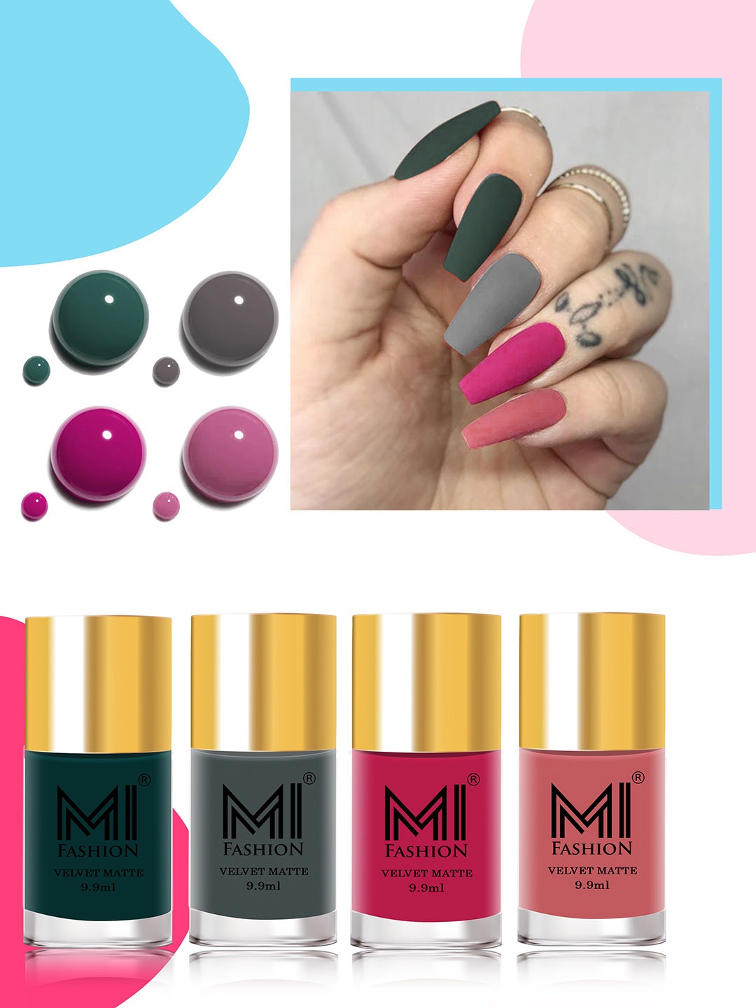 

MI FASHION Velvet Matte Set Of 4 Lacquer Nail Polish 9.9ml Each - 12-20-24-35, Pink