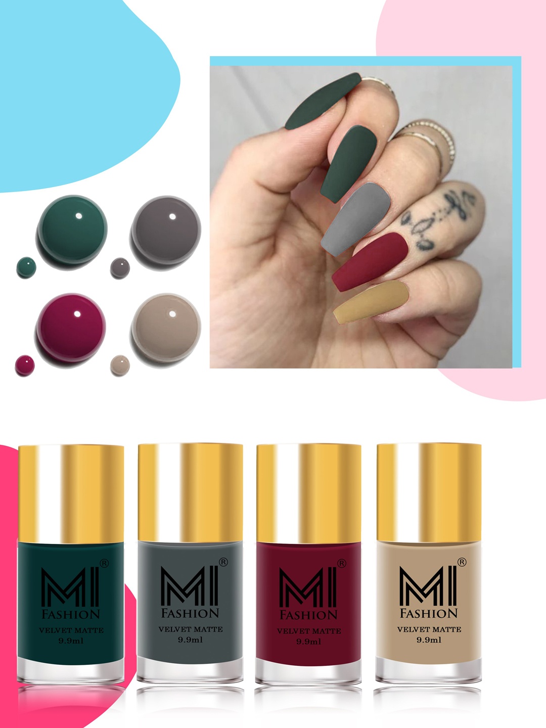 

MI FASHION Velvet Matte Set Of 4 Lacquer Nail Polish 9.9ml Each - 12-20-25-32, Green