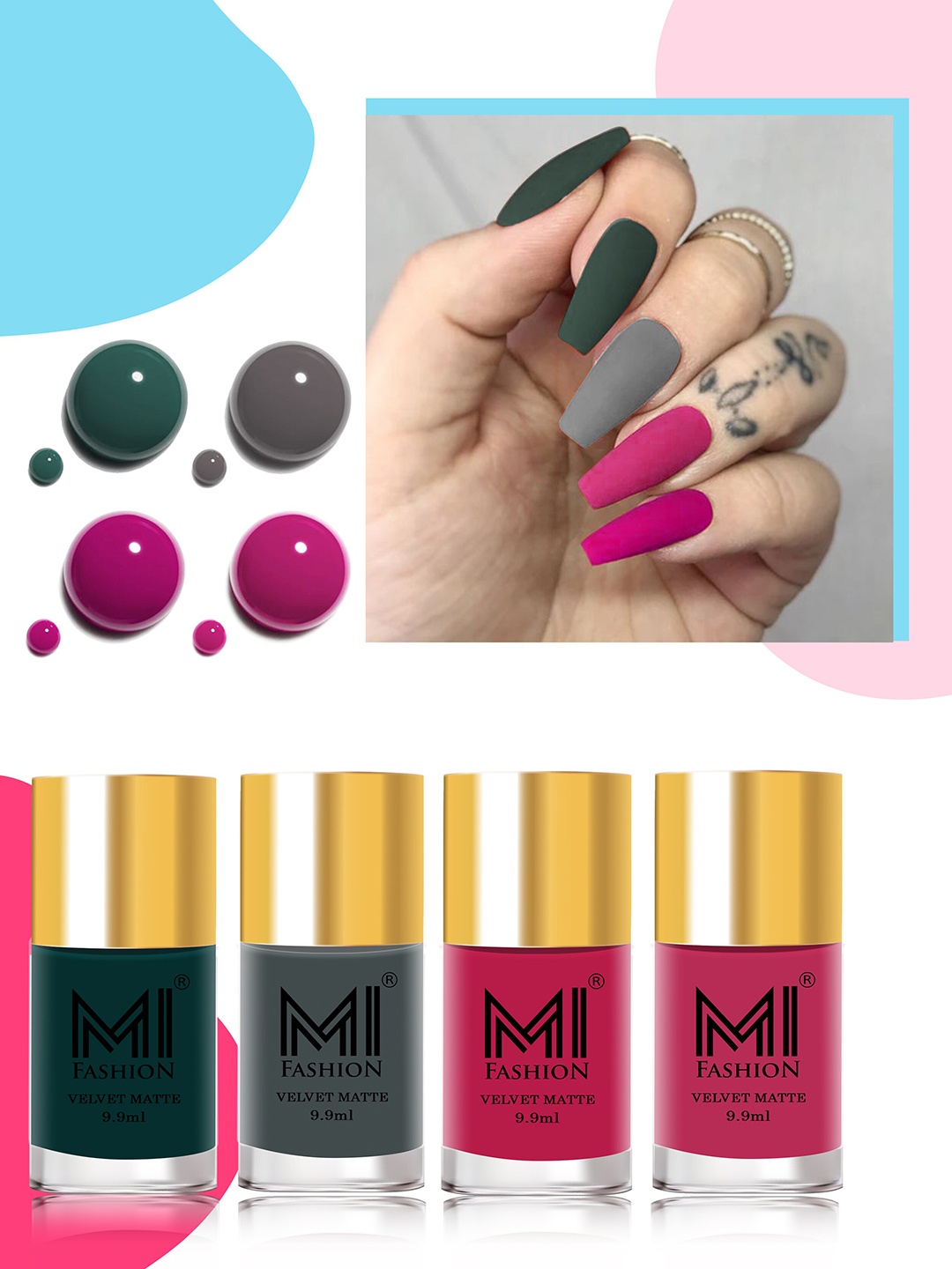 

MI FASHION Set Of 4 Velvet Matte Lacquer Nail Polish 9.9ml Each - Shades 12-20-24-42, Pink