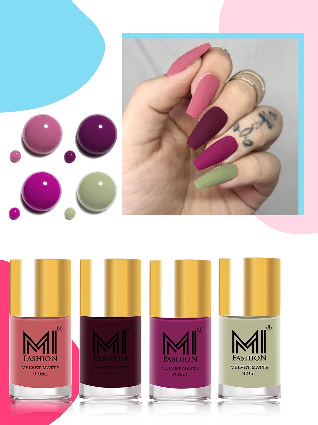 

MI FASHION Velvet Matte Set of 4 Nail Polish 9.9 ml Each - Shade 35, 37, 38, 40, Purple