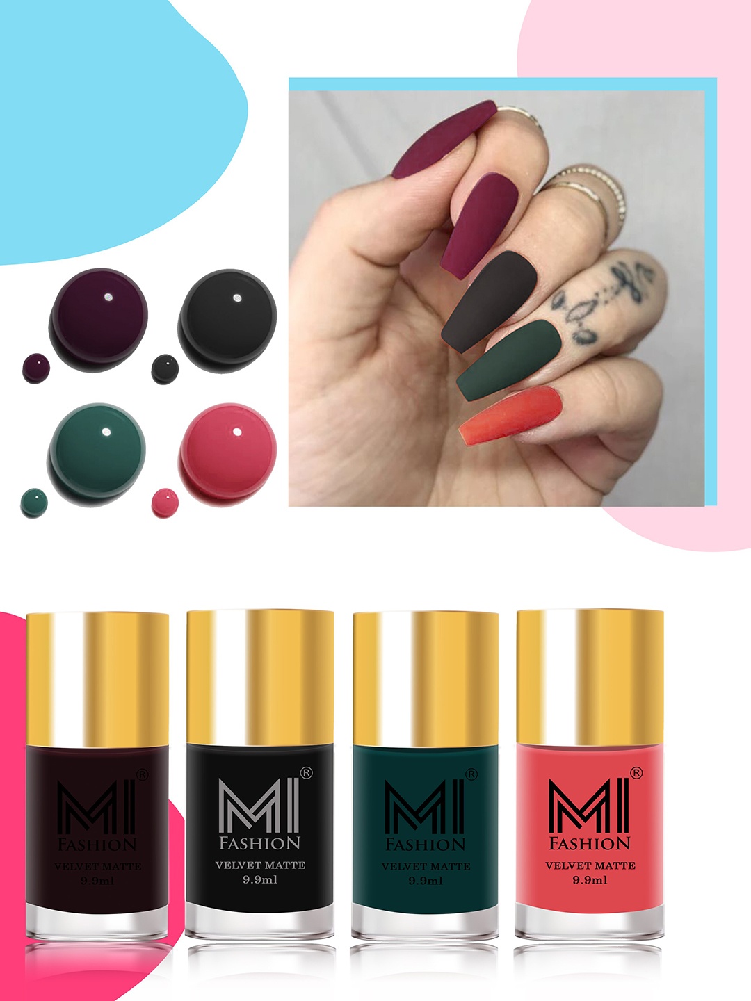 

MI FASHION Velvet Matte Set of 4 Nail Polish 9.9 ml Each - Shade 03, 05, 12, 41, Green