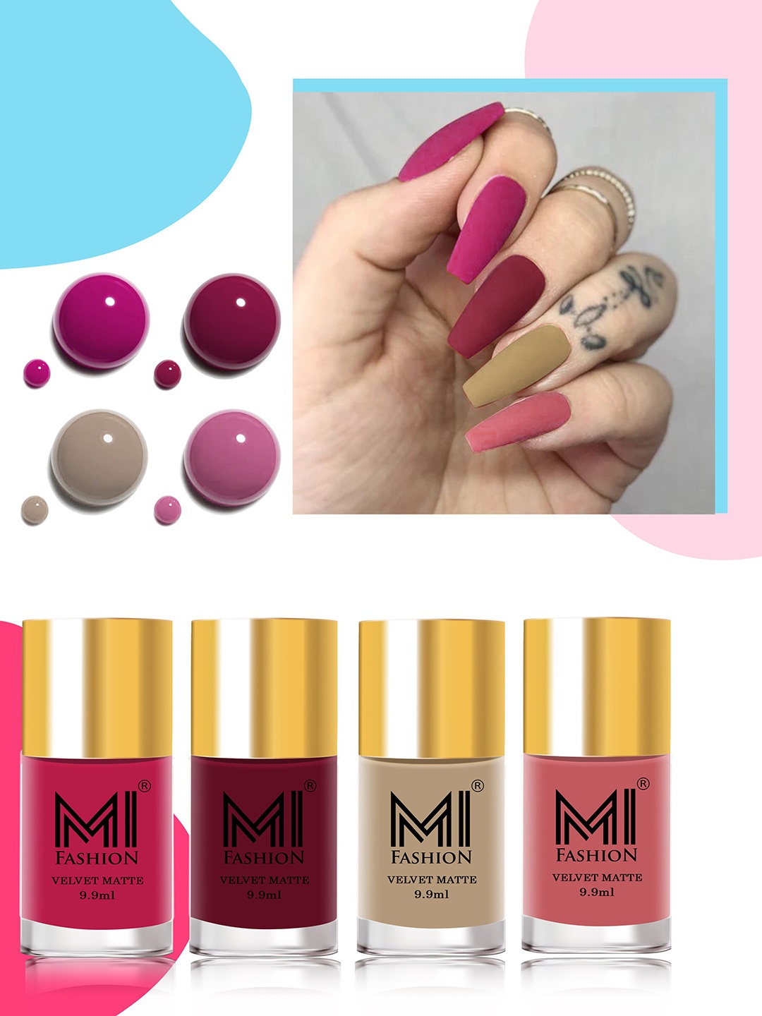

MI FASHION Velvet Matte Set of 4 Nail Polish 9.9 ml Each - Shade 24, 25, 32, 35, Pink