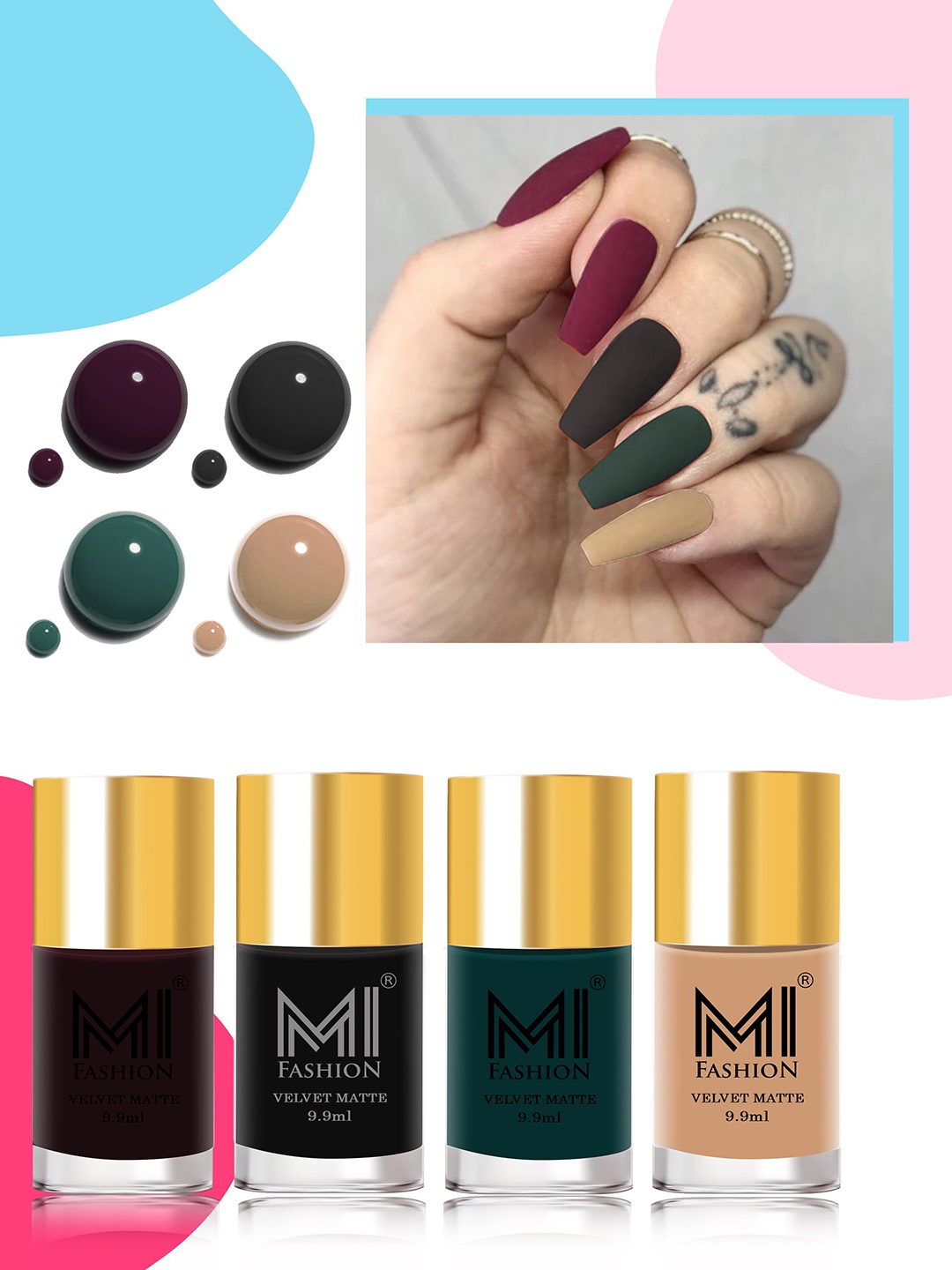 

MI FASHION Velvet Matte Set of 4 Nail Polish 9.9 ml Each - Shade 03, 05, 12, 28, Black