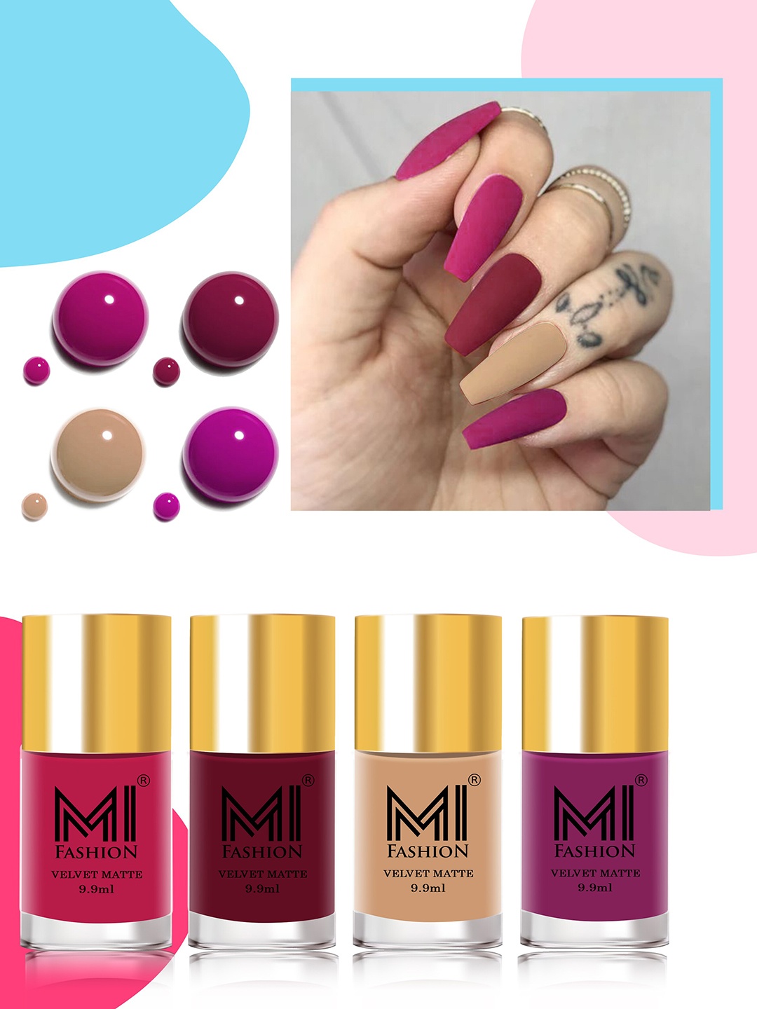

MI FASHION Velvet Matte Set of 4 Nail Polish 9.9 ml Each - Shade 24, 25, 28, 38, Pink