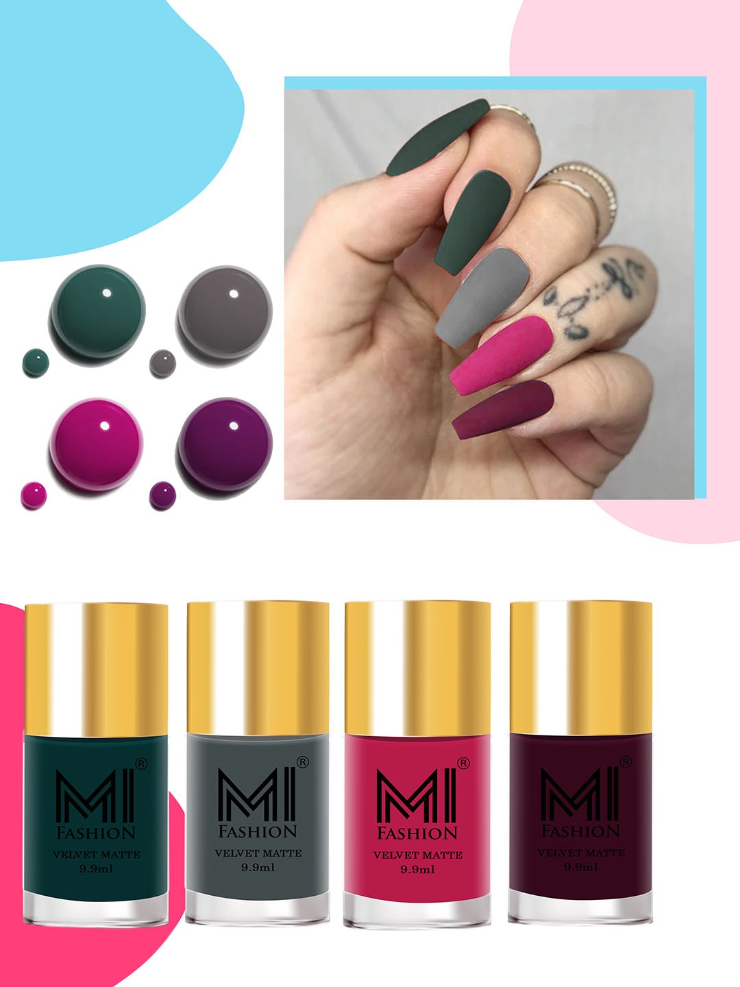 

MI FASHION Velvet Matte Set of 4 Nail Polish 9.9 ml Each - Shade 12, 20, 24, 37, Grey