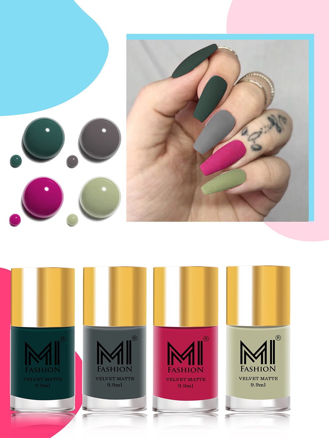 

MI FASHION Velvet Matte Set of 4 Nail Polish 9.9 ml Each - Shade 12, 20, 24, 40, Green