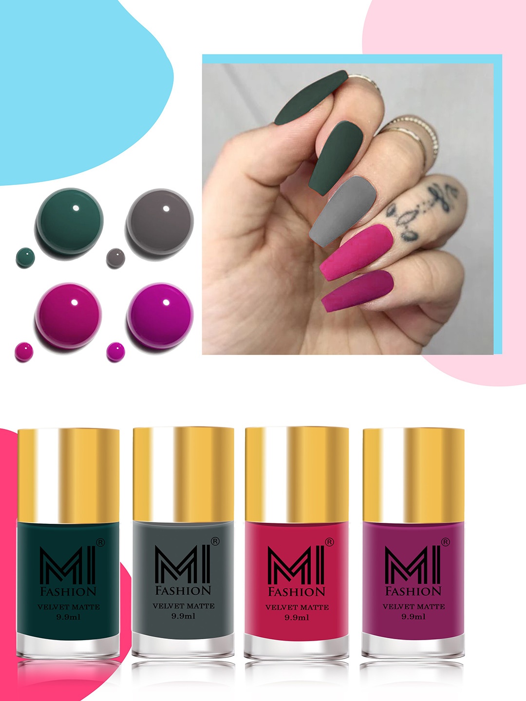 

MI FASHION Velvet Matte Set of 4 Nail Polish 9.9 ml Each - Shade 12, 20, 24, 38, Green