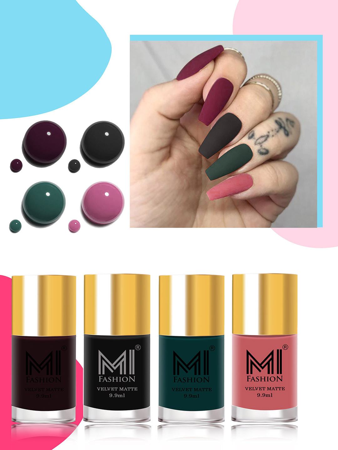 

MI FASHION Velvet Matte Set of 4 Nail Polish 9.9 ml Each - Shade 03, 05, 12, 35, Purple