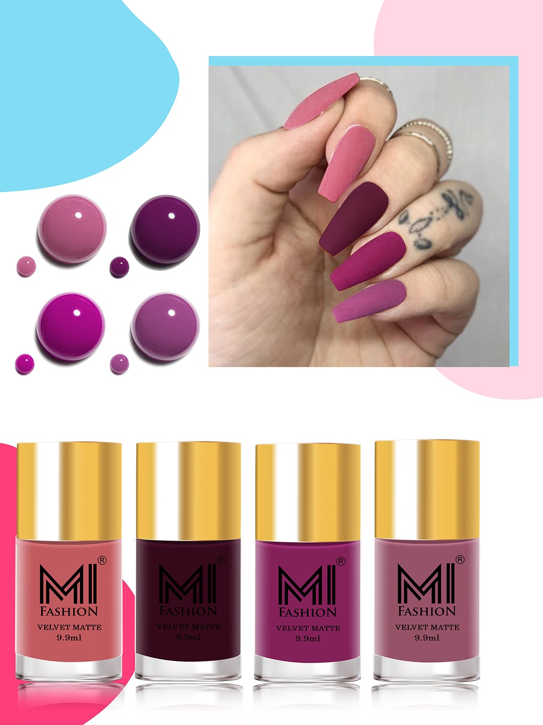 

MI FASHION Velvet Matte Set of 4 Nail Polish 9.9 ml Each - Shade 35, 37, 38, 39, Pink
