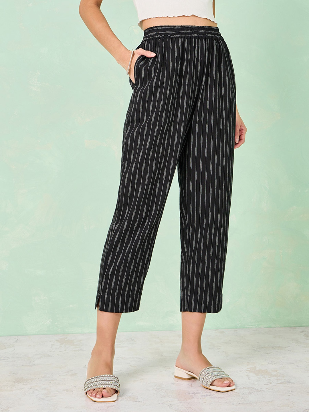 

Styli Women Classic Striped Cotton Cropped Trousers, Black