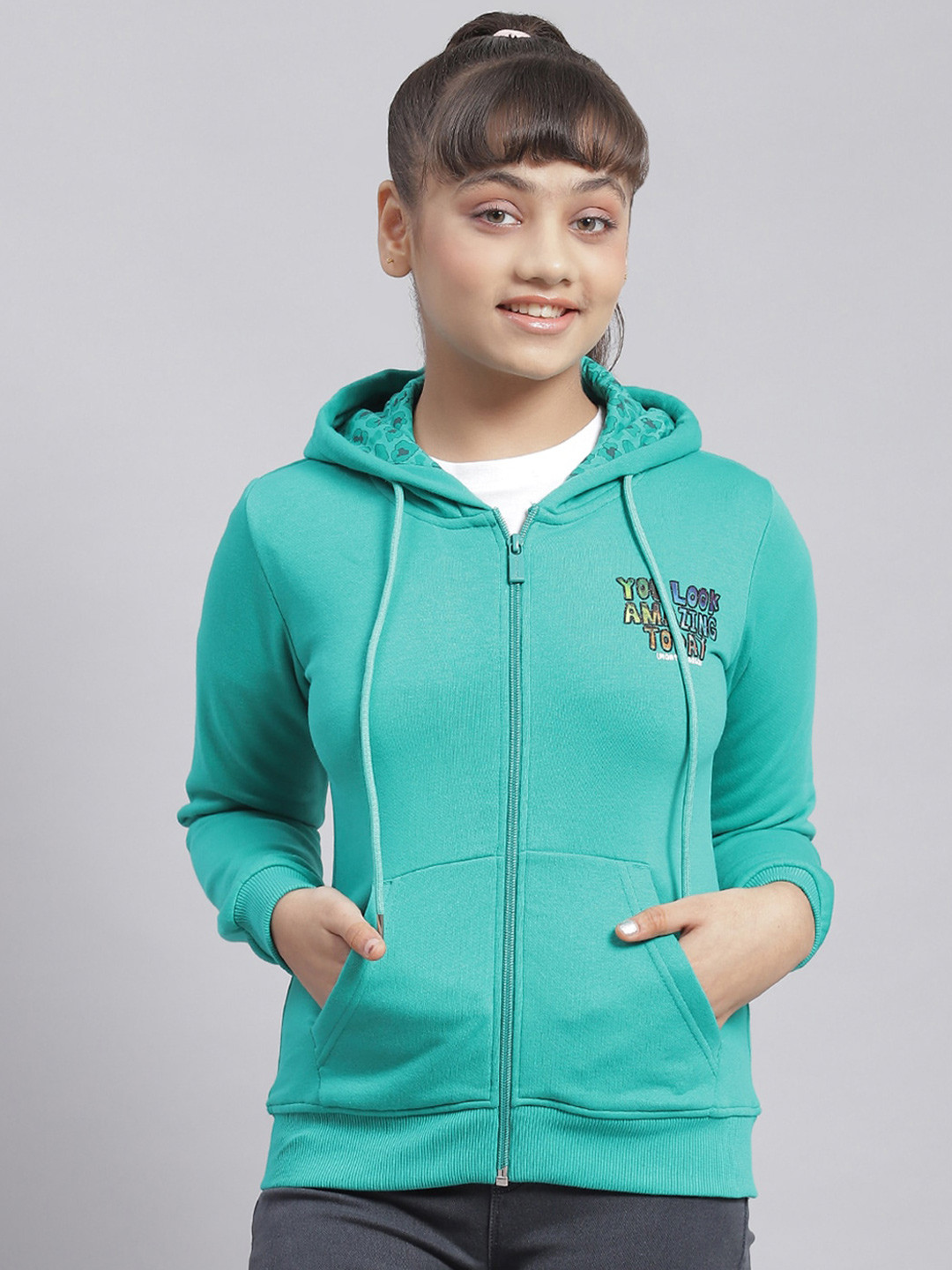 

Monte Carlo Girls Typography Printed Hooded Long Sleeve Front-Open Sweatshirt, Green