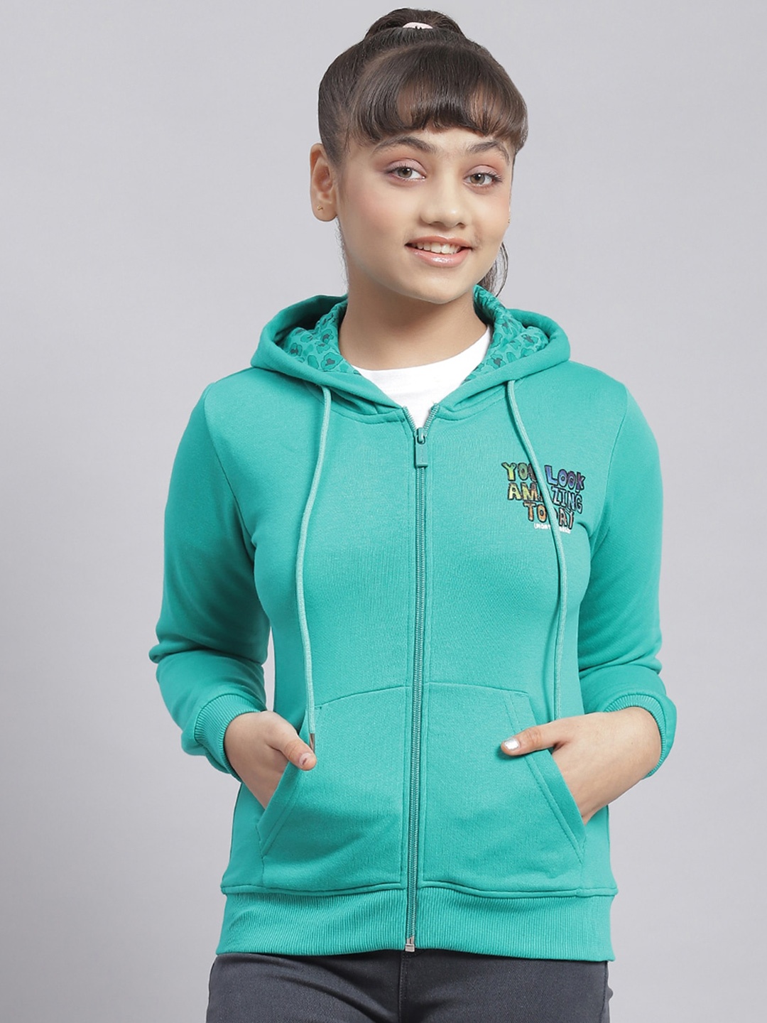

Monte Carlo Girls Typography Printed Hooded Front-Open Sweatshirt, Green