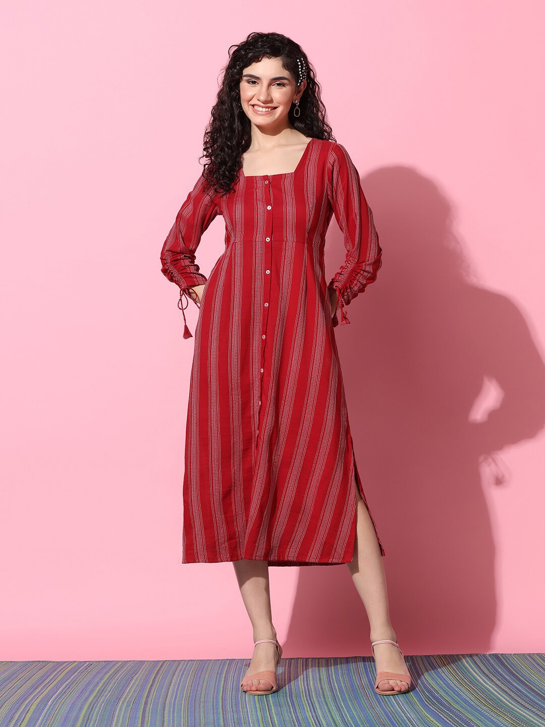 

FASHION DREAM Striped Square Neck Ruched Sleeves Tie-Ups Detail A-Line Midi Dress, Maroon