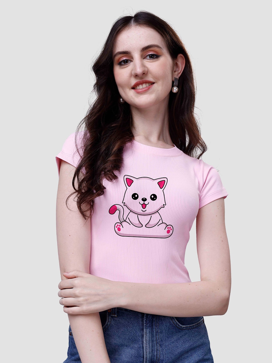 

VENISA Graphic Printed Ribbed Slim Fit T-Shirt, Pink