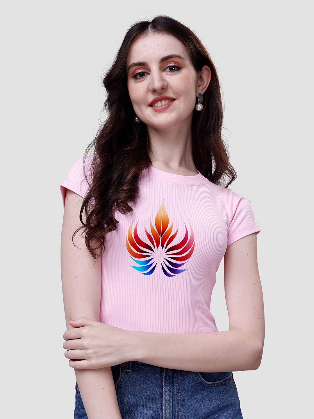 

VENISA Graphic Printed Ribbed Slim Fit T-Shirt, Pink